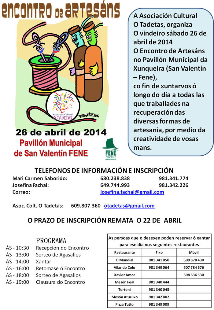 Programa Encontro de artesáns en Fene (A Coruña) 26 abril 2014